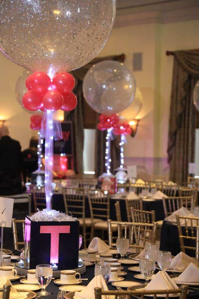 Hot Pink and Silver Sparkle Balloon Centerpiece with Photo Cube Base