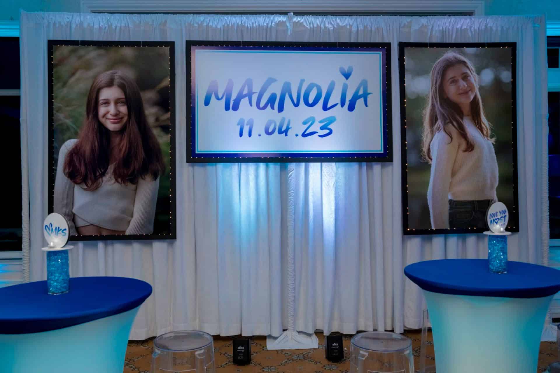 Custom Printed Ombre Logo Sign with Blowup Photos Behind Lounge at Tamarack Country Club