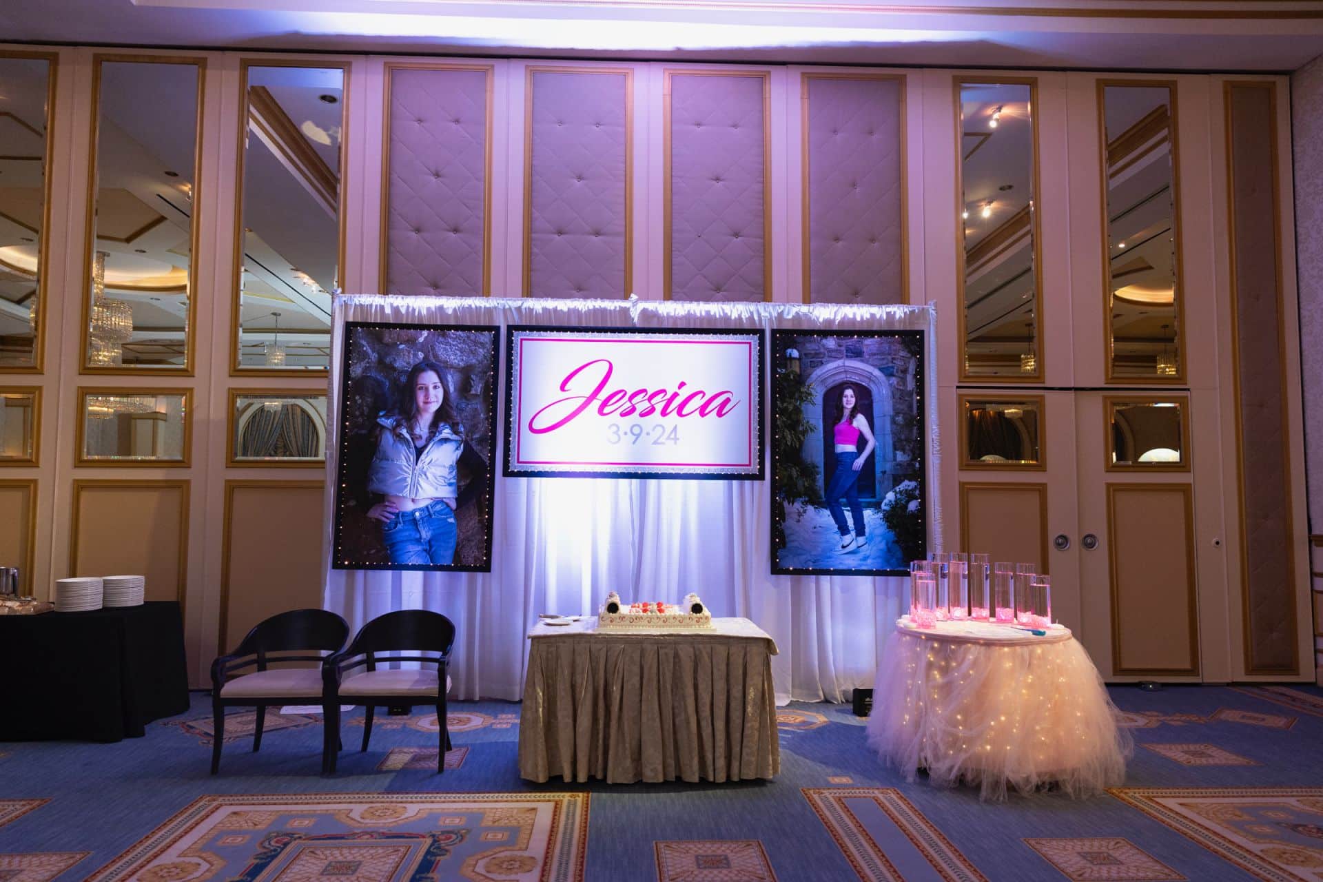 Bat Mitzvah Custom Printed Sign with Lights and Blowup Photos at The Grove