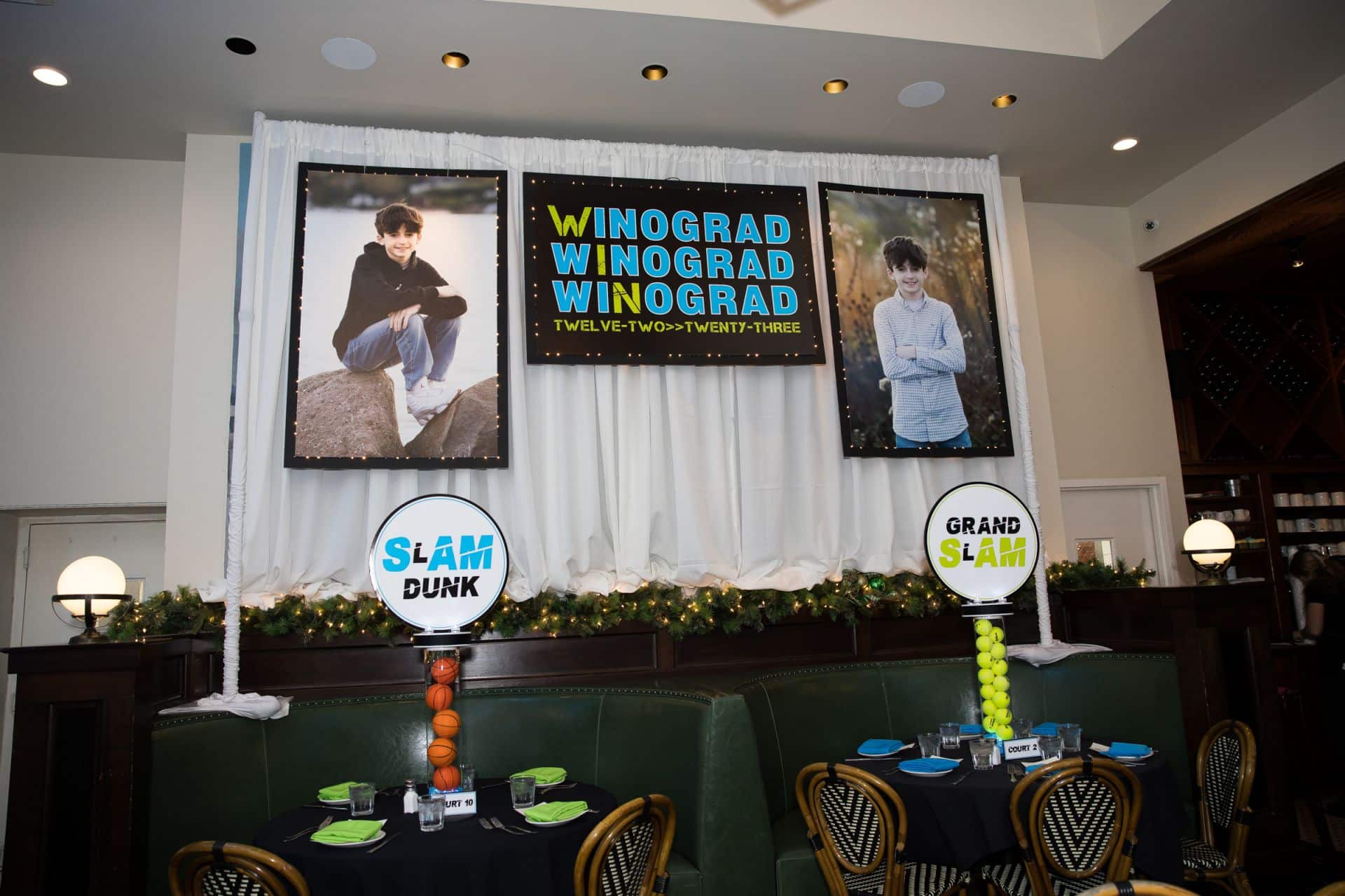 Sports Custom Photo Backdrop with Lights and Photo Blowups at Lexington Square Cafe