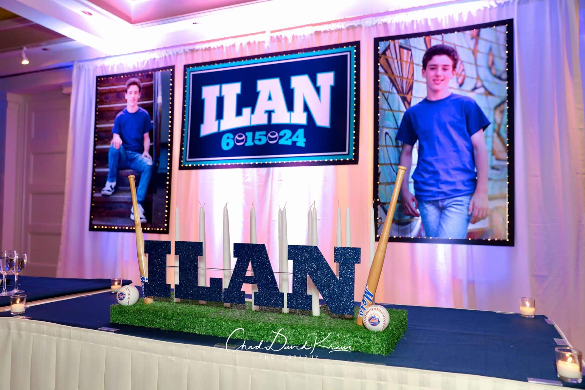 Custom Baseball Theme Bar Mitzvah Sign with Blowup Photos and Lights at Glen Island Harbour Club