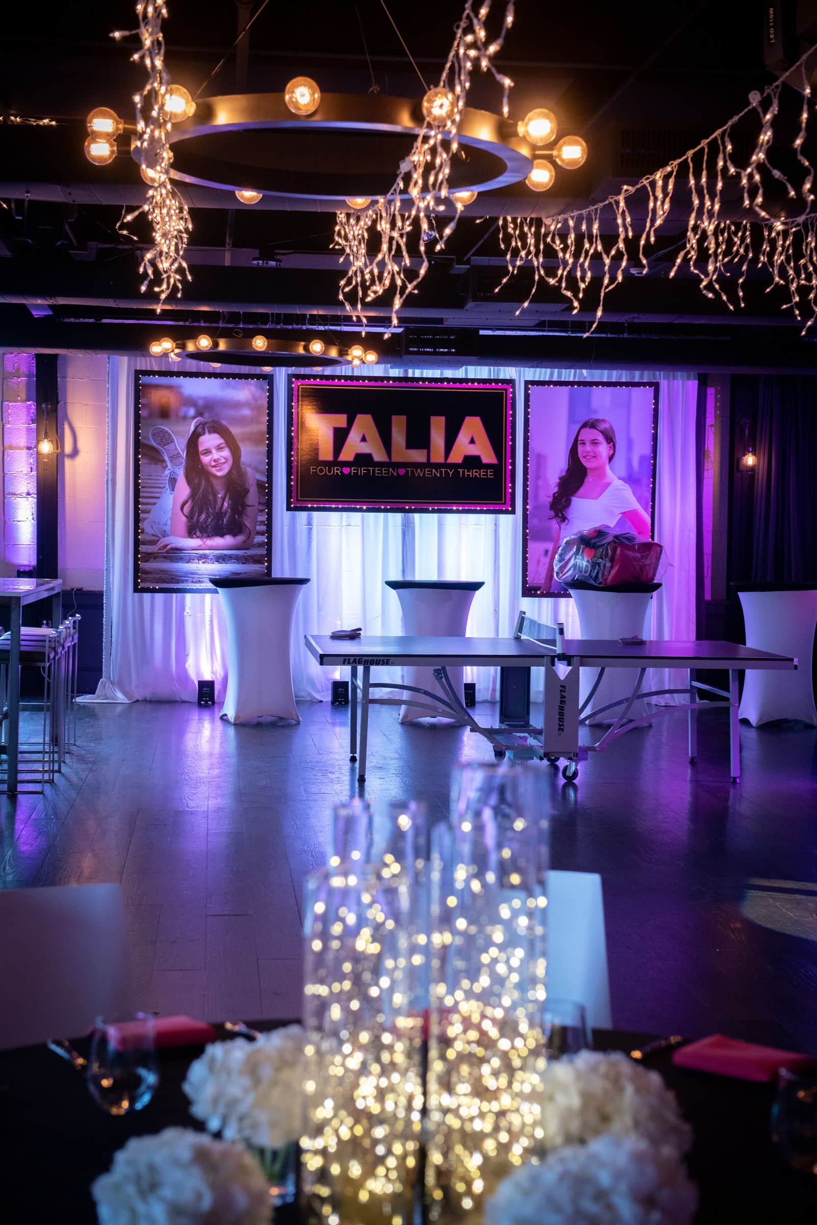 Custom Printed Name Sign with Blowup Photos on LED Draping at Hudson Loft, Irvington