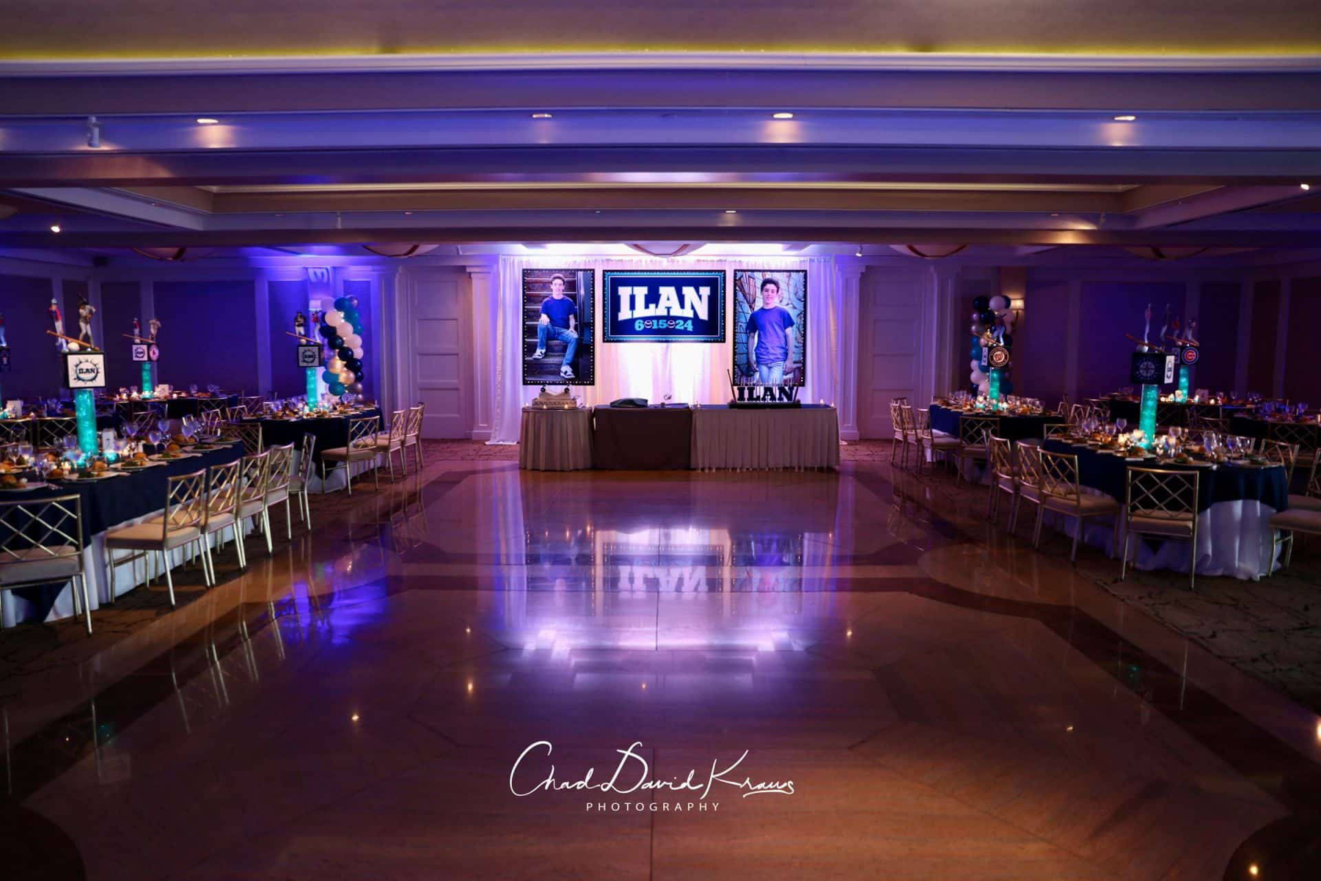 Custom Baseball Theme Bar Mitzvah Sign with Blowup Photos and Lights at Glen Island Harbour Club