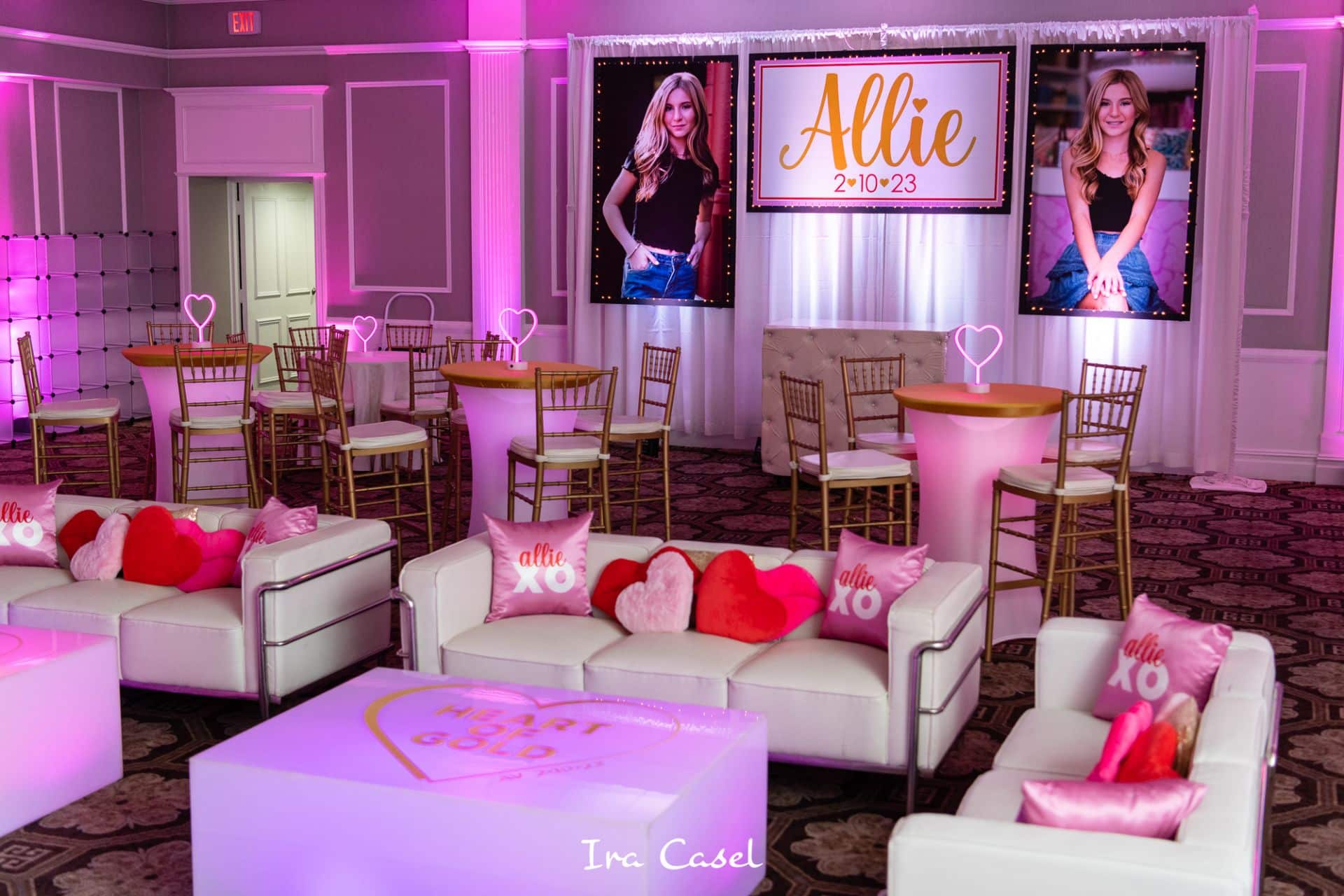 Custom Printed Name Sign Backdrop with Blowup Photos on LED Curtain for Valentines Day Themed Bat Mitzvah at Cedar Hill CC