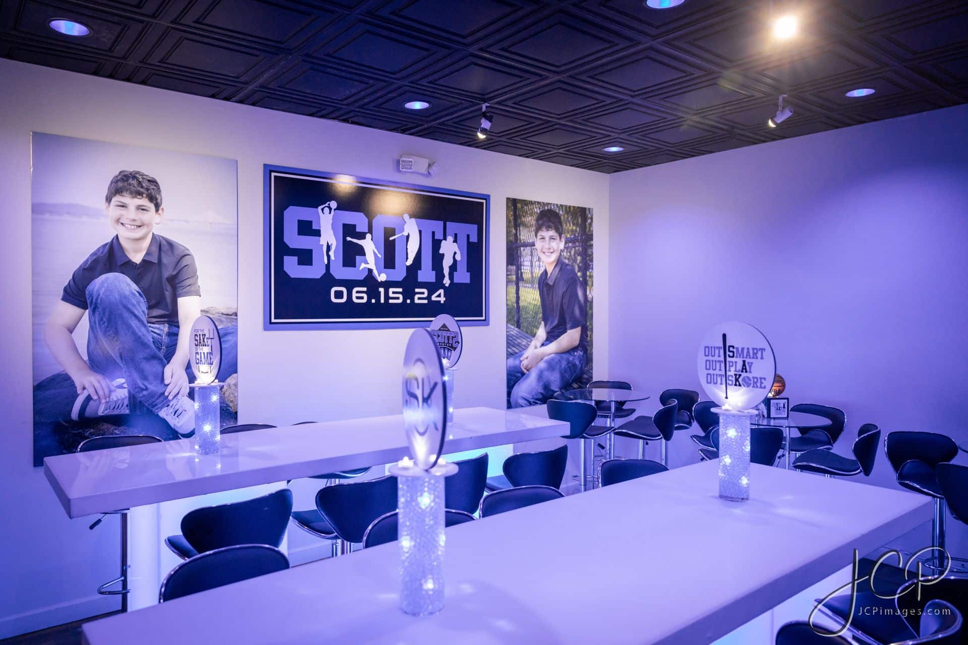 Custom Sports Theme Printed Sign and Blowup Photos at Club Infinity