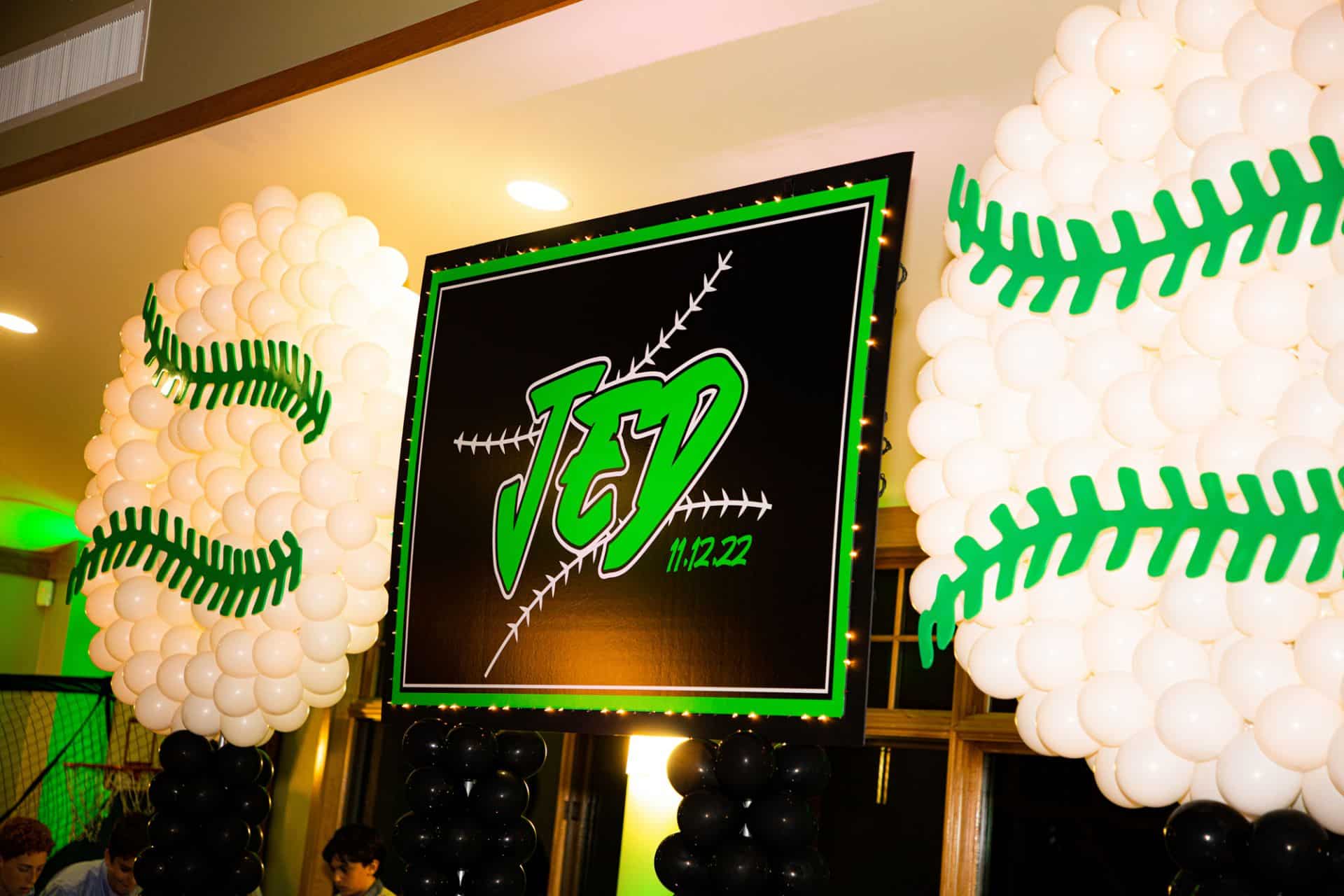 Custom Themed Logo Sign with Lights and Baseball Balloon Sculptures for Bar Mitzvah