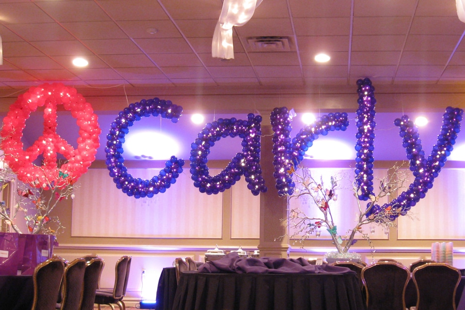Peace Sign Balloon Sculpture and Name in Balloons with Lights