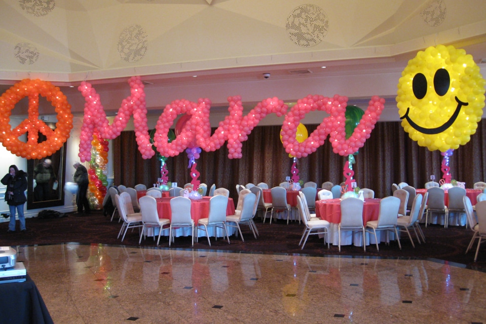 Pink Name in Balloons with Peace Sign and Smiley Face Balloon Sculpture
