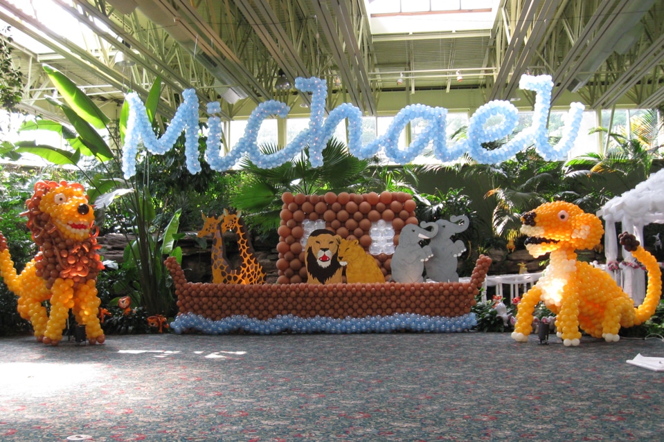 Noahs Ark Baby Shower with Lion Balloon Sculpture and Balloon Name Sculpture