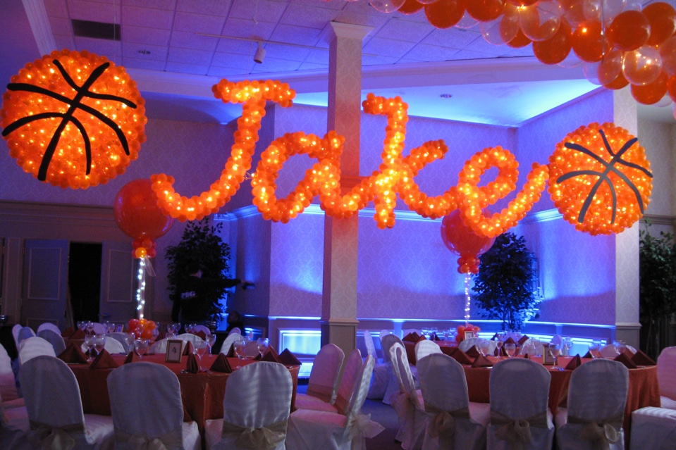 Basketball Themed Name in Balloons with Basketball Balloon Sculptures