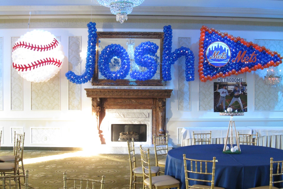 Mets Themed Bar Mitzvah with Name in Balloons and Baseball Balloon Sculptures