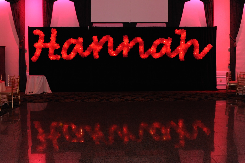 Name in Balloons with Lights on Black Pipe and Drape