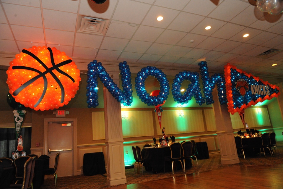 Basketball Themed Name in Balloons with Lights and Basketball Balloon Sculpture