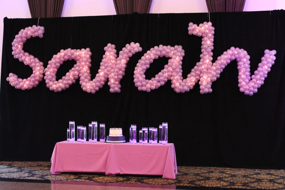 Lavender Bat Mitzvah Name in Balloons on Black Curtain Backdrop