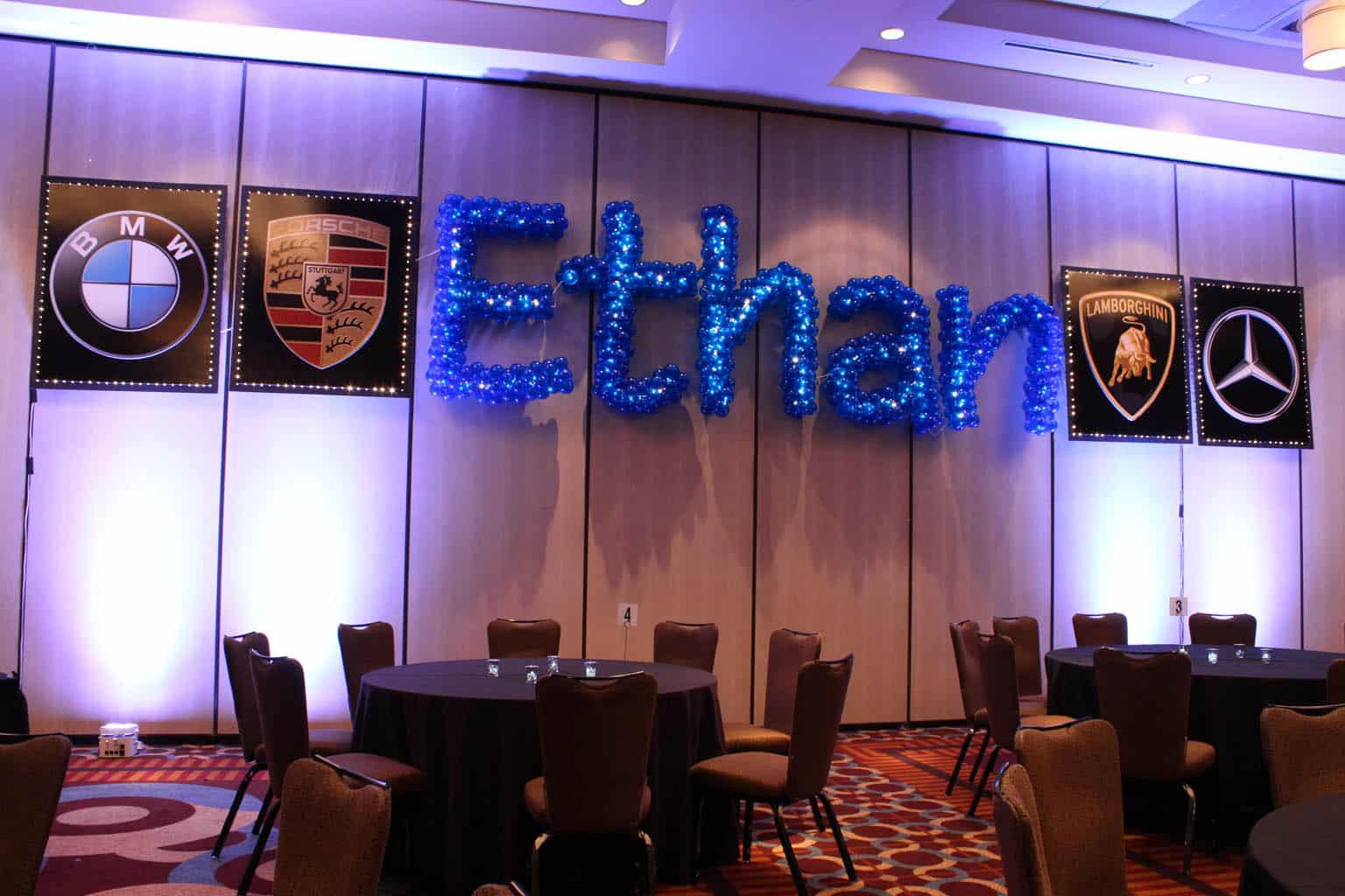 Car Themed Bar Mitzvah with Name in Balloons Sculpture and Car Logo Posters