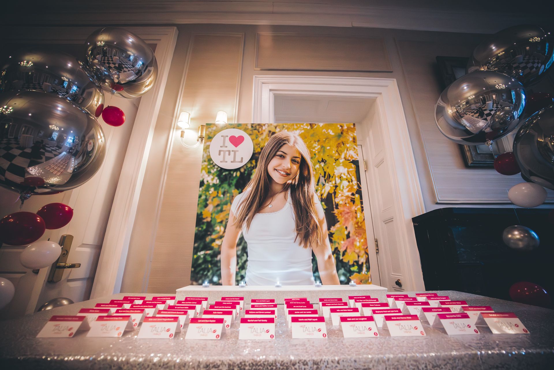 Bat Mitzvah Entrance Decor with Printed Photo Display and Custom Place Cards