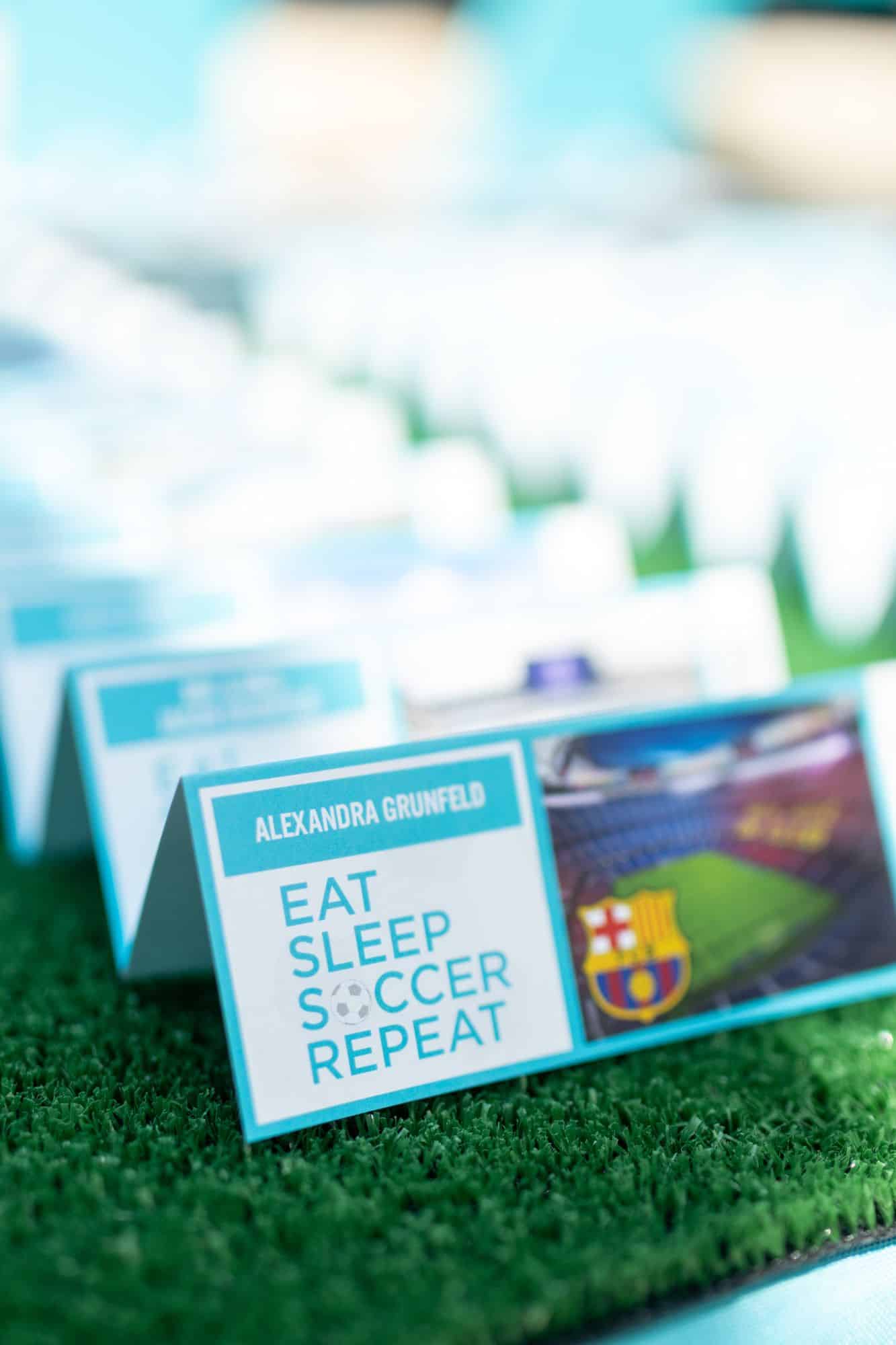 Soccer Theme Fold Over Ticket Place Card with Team Logo Under Turf Base