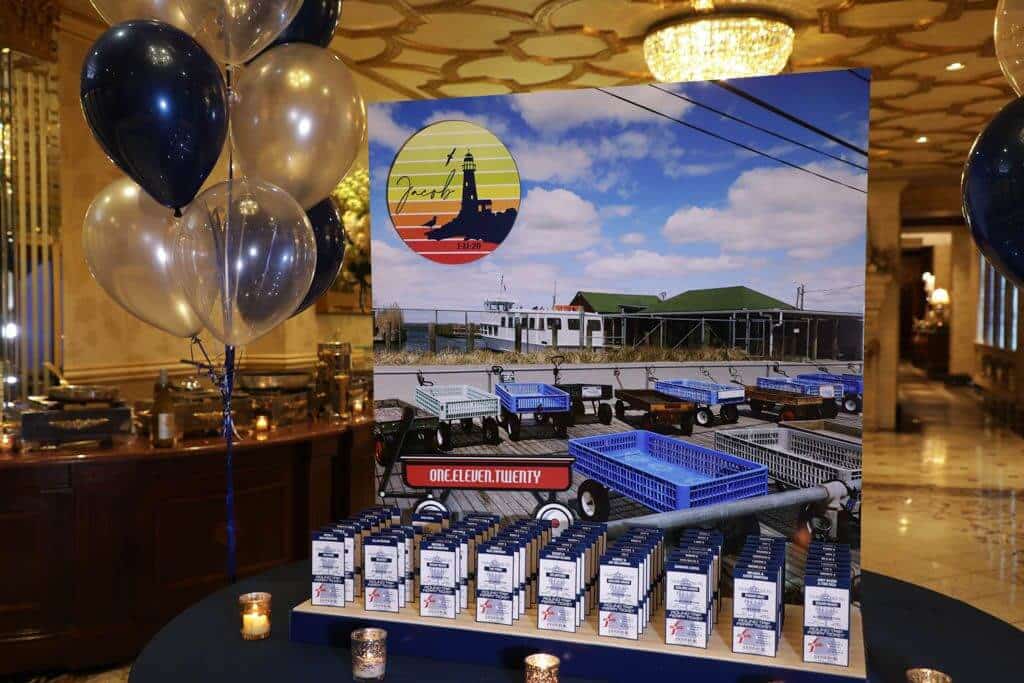 Fire Island Themed Bar Mitzvah Seating Card Display with Red Wagon Cutout