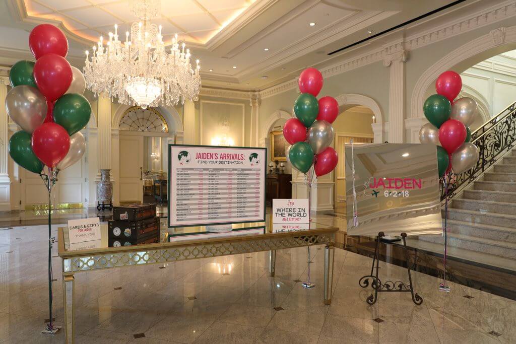 Travel Themed Entrance Decor with Custom Arrivals Seating Chart