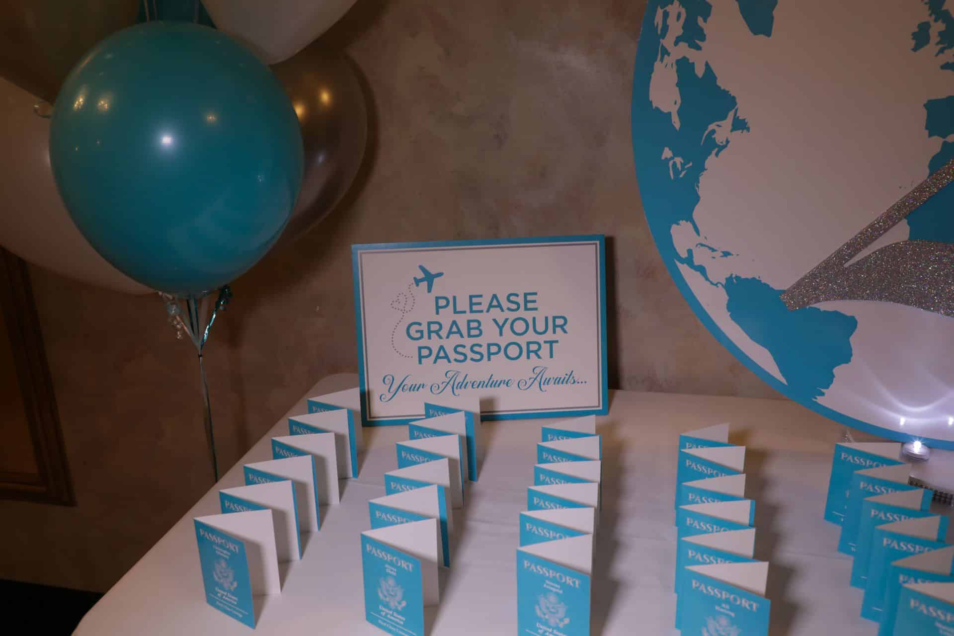 Custom Passport Place Cards and Custom Printed Sign for Place Cards Table
