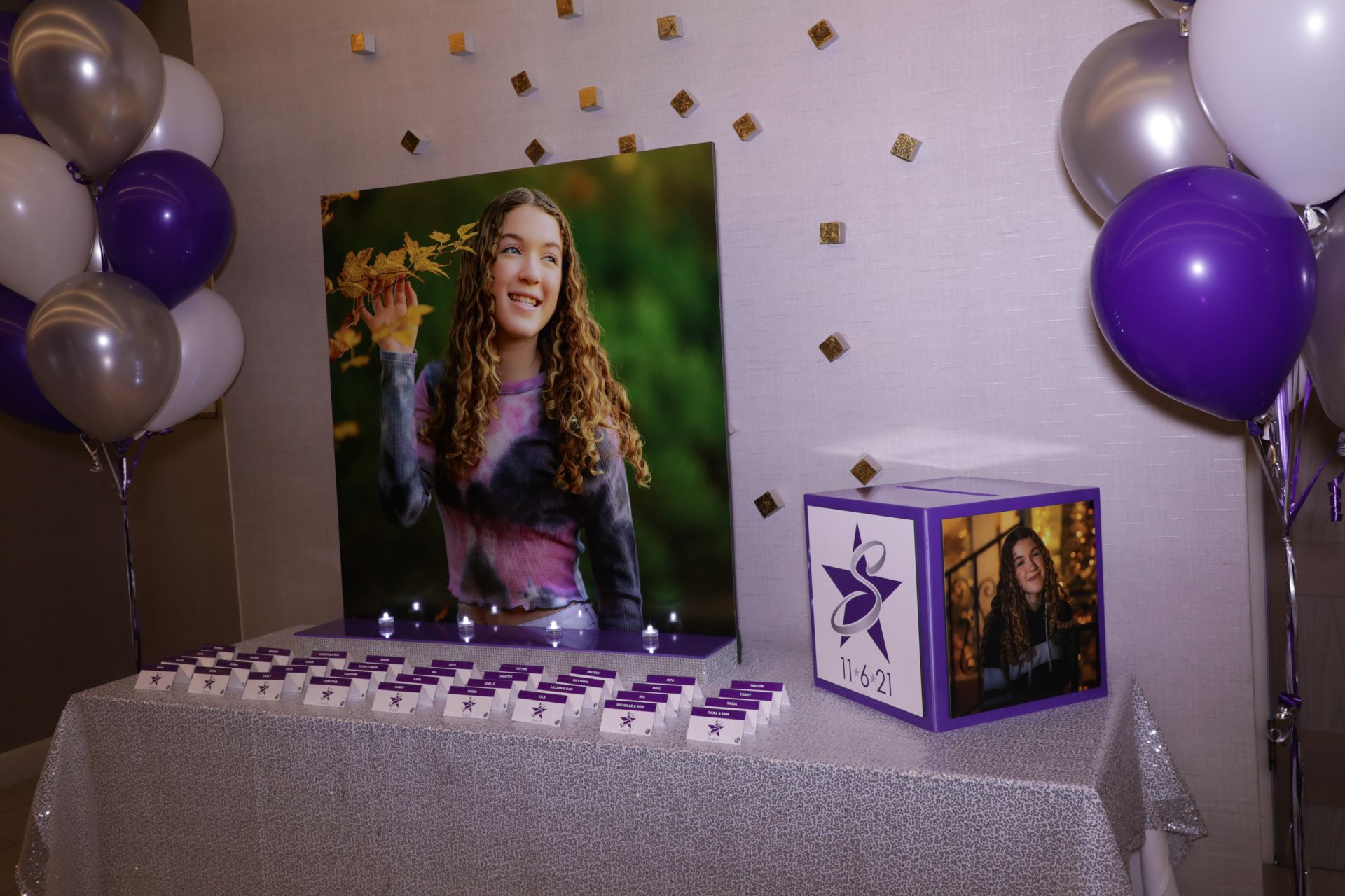 Custom LED Seating Card Display, with Custom Star Fold Over Logo Place Cards, Gift Box and Balloon Trees for Bat Mitzvah Decor