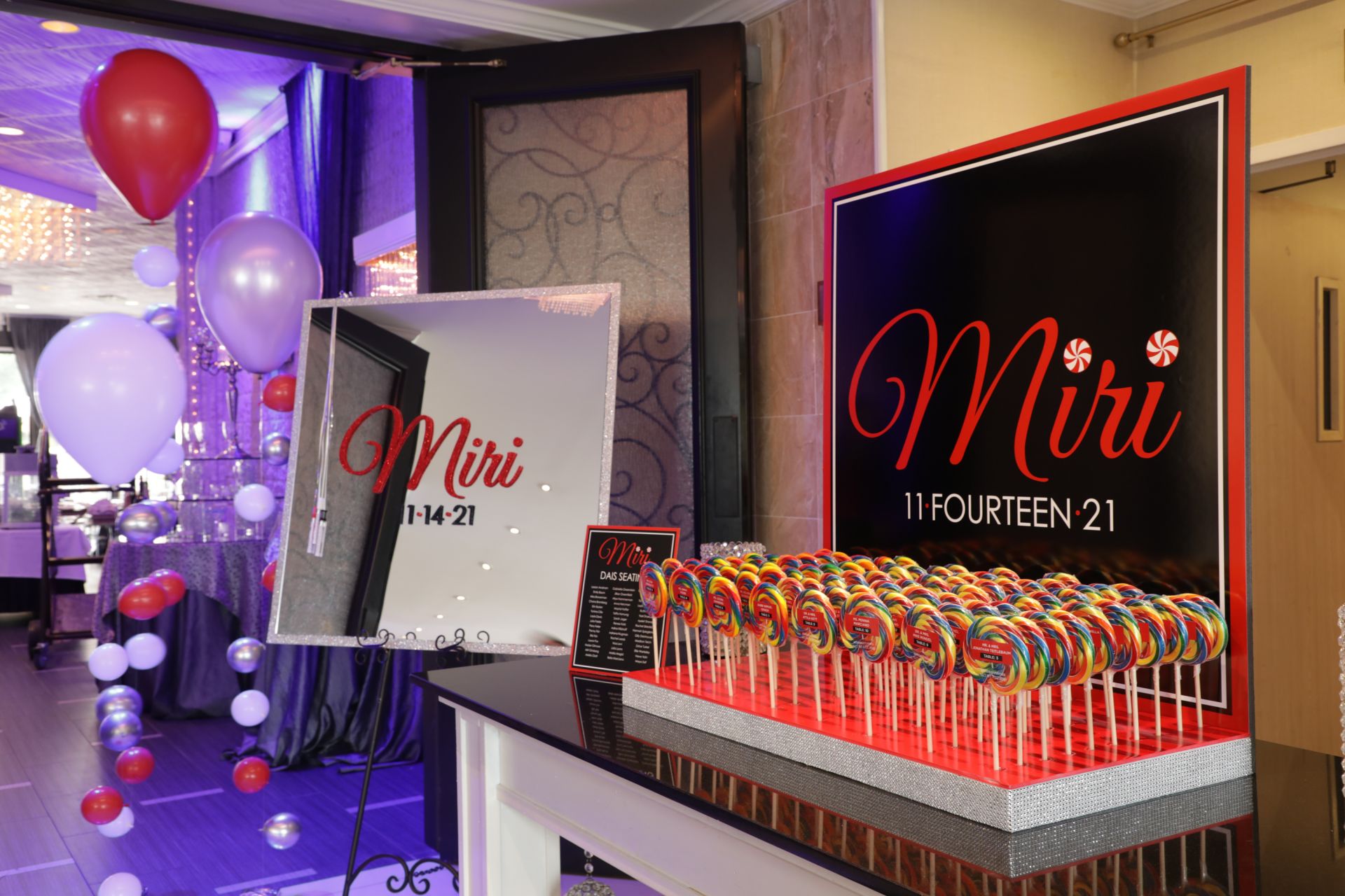 Custom Whirly Pop Place Card with Logo Seating Card Display, Mirror Sign in Board and Bubble Balloon Stand for Candy Themed Bat Mitzvah