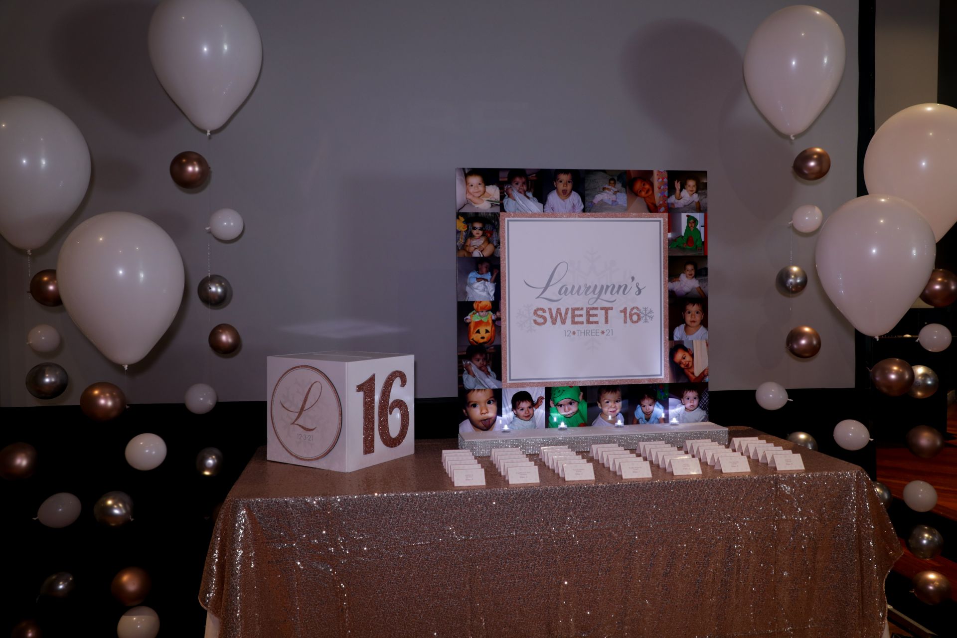 Custom LED Seating Card Display with Fold Over Place Cards, Bubble Balloon Stands and Gift Box for Sweet Sixteen