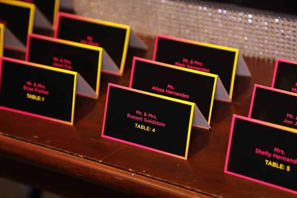 Custom Fold Over Place Cards for Neon Themed Bat Mitzvah
