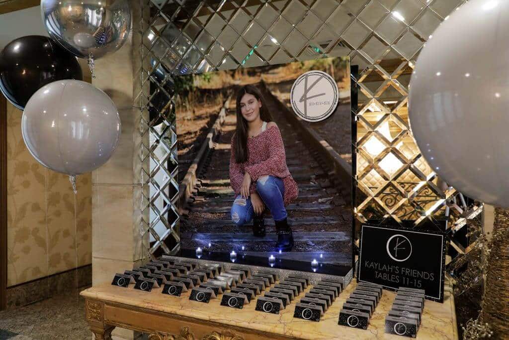 Bat Mitzvah Seating Card Display with Blowup Photo and Metallic Orbz Balloons