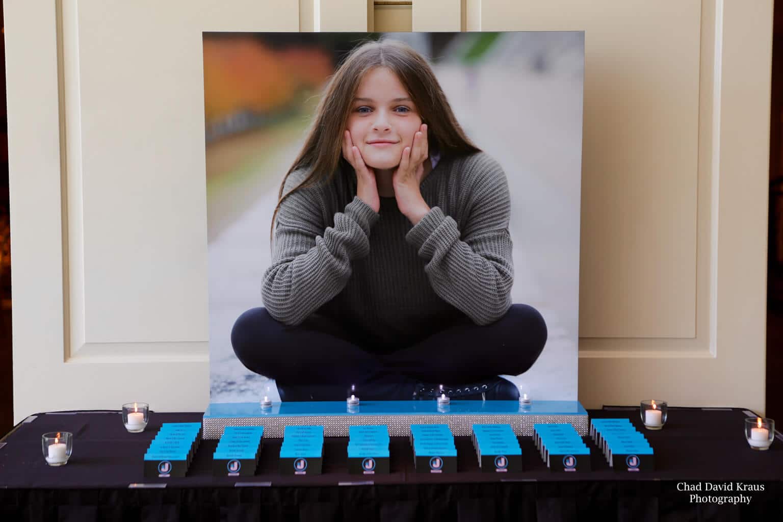 Bat Mitzvah Seating Card Display with Blowup Photo and Logo Place Cards