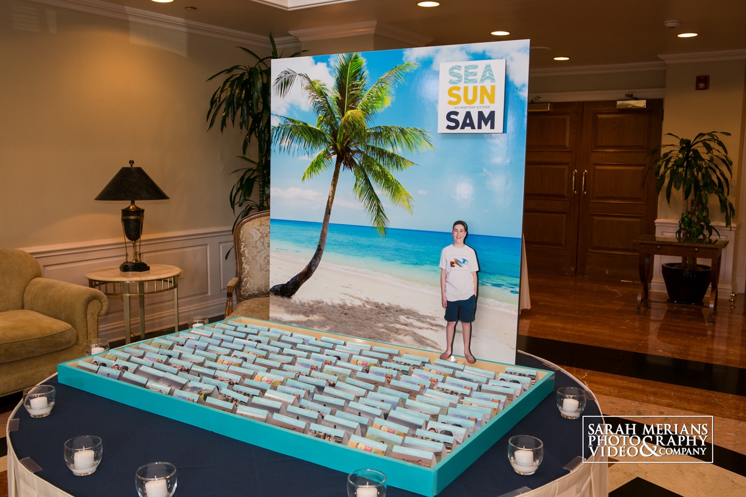 Beach Themed Seating Card Display with Custom Beach Photo Place Cards