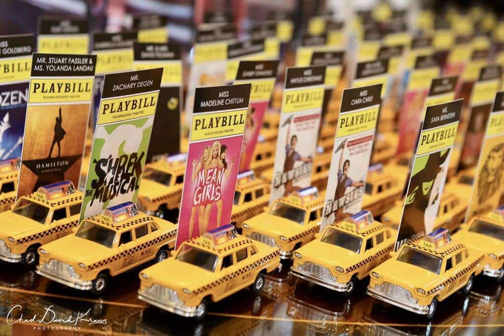Playbill and Taxi Cab Place Cards for Broadway Themed Bar Mitzvah