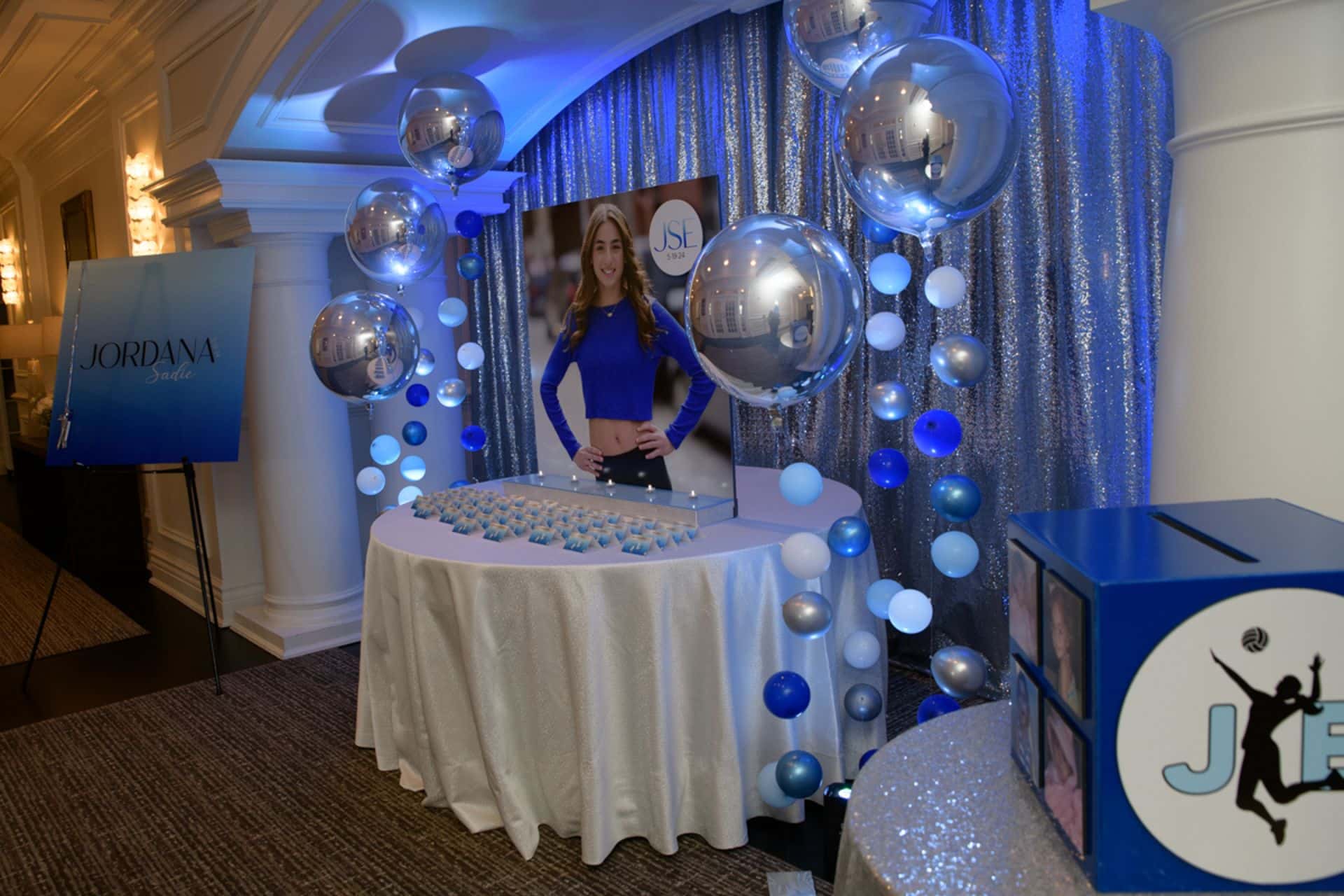 Bat Mitzvah Entrance Decor with Photo Display and Metallic Orbz