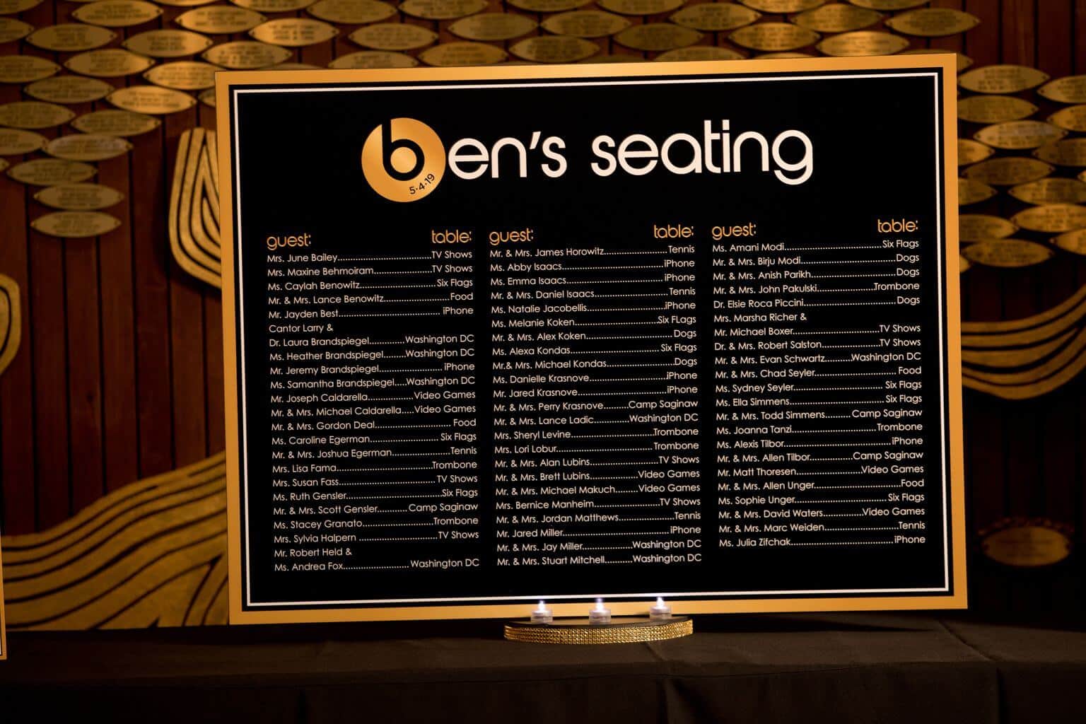 Bar Mitzvah Seating Chart with Custom Logo
