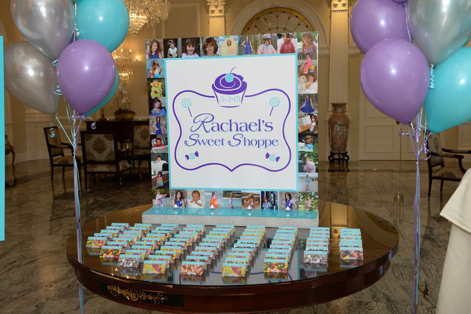 Candy Themed Bat Mitzvah Display with Custom Logo and Photo Border