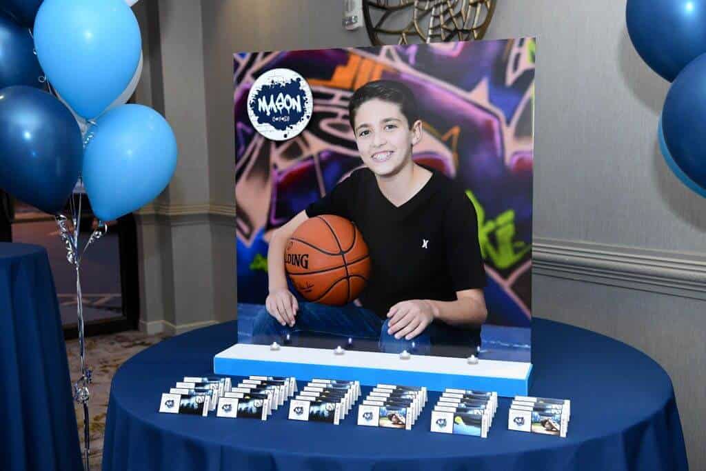 Graffiti Themed Seating Card Display with Blowup Photo and Custom Logo Cutout