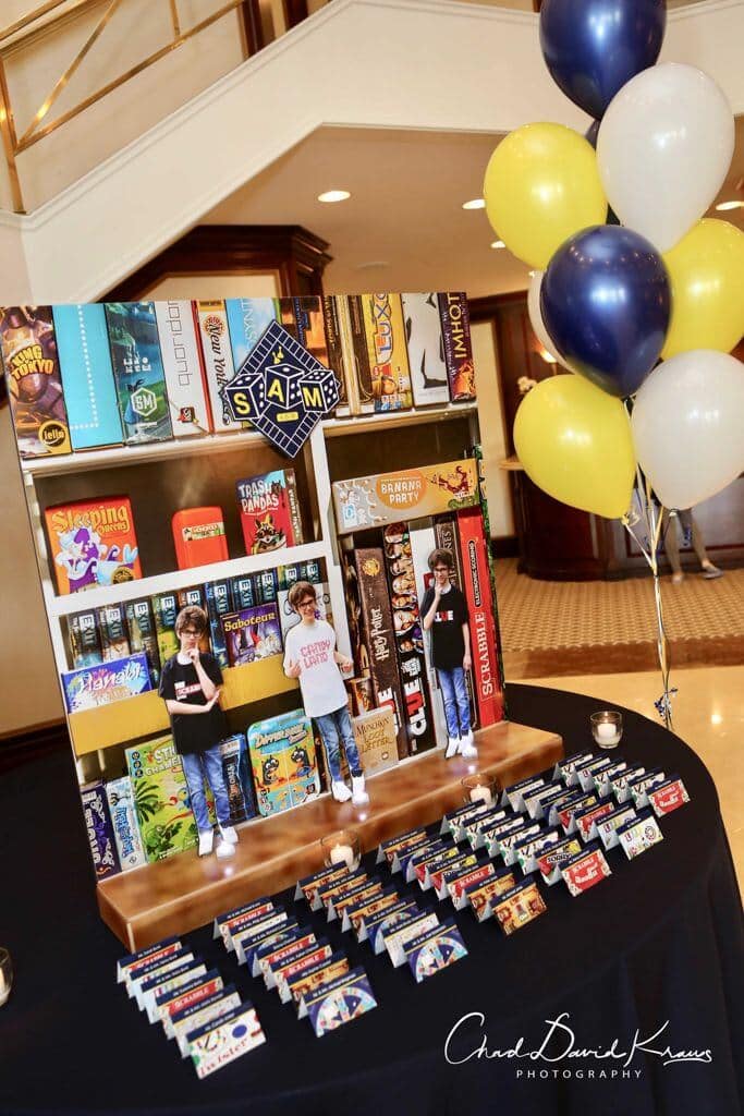 Board Games Themed Seating Card Display with Custom Game Place Cards