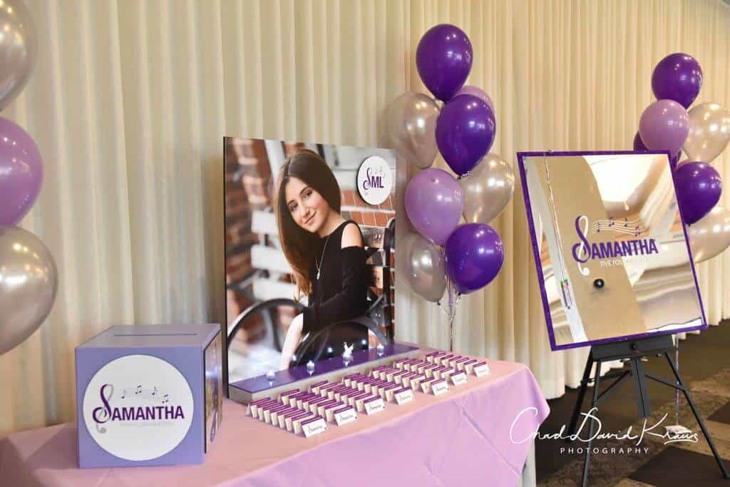 Music Themed Seating Card Display with Blowup Photo and Custom Logo Cutout