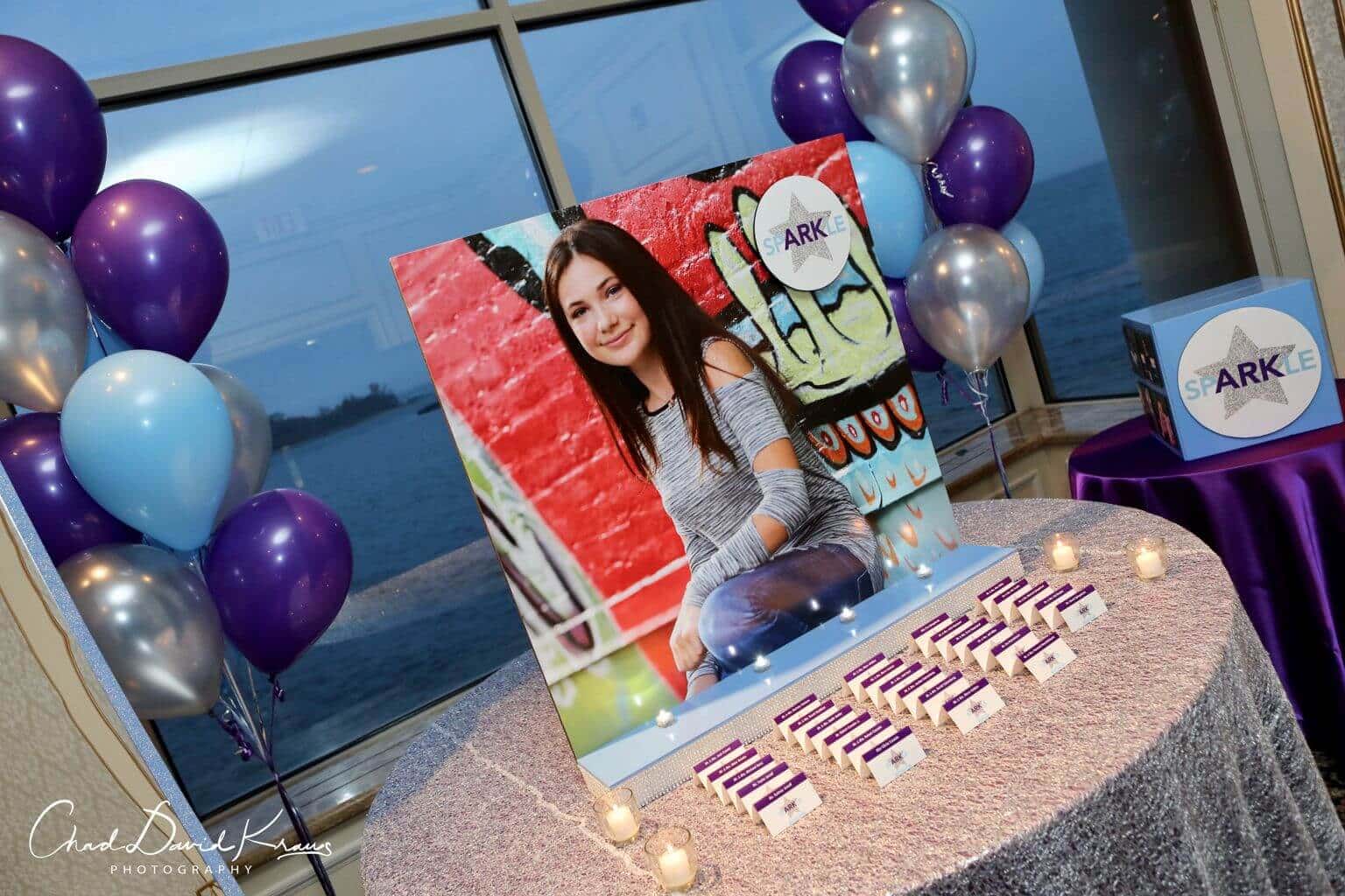 Bat Mitzvah Seating Card Display with Blowup Photo and Custom Logo Place Cards