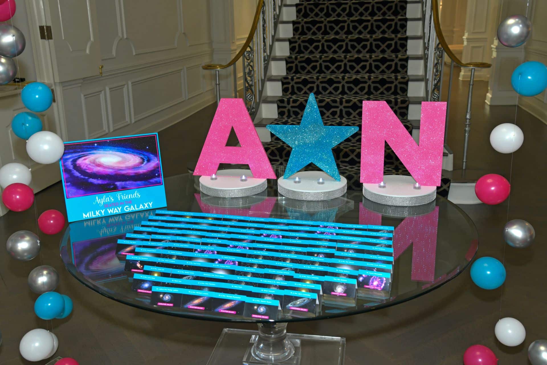 Galaxy Themed Entrance Decor with Initials Display and Bubbles
