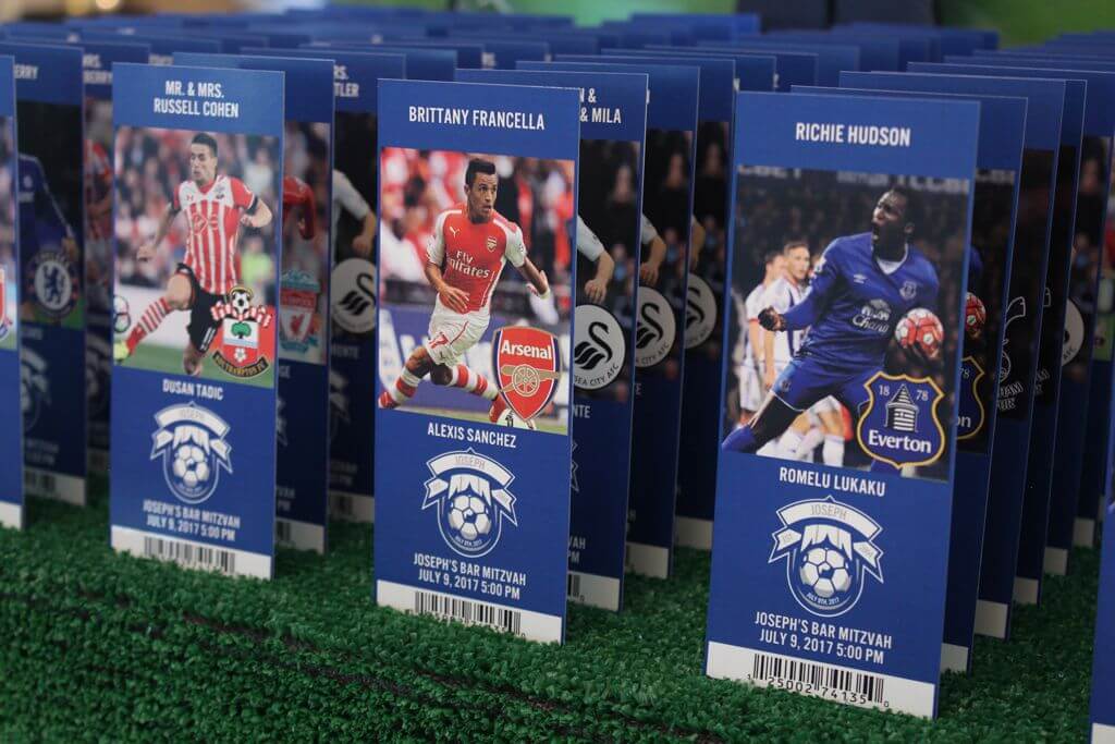Bar Mitzvah Soccer Ticket Place Cards with Player Photos and Logos