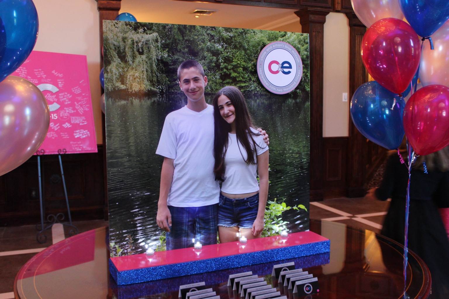 Bnai Mitzvah Seating Card Display with Blowup Photo and Logo Place Cards