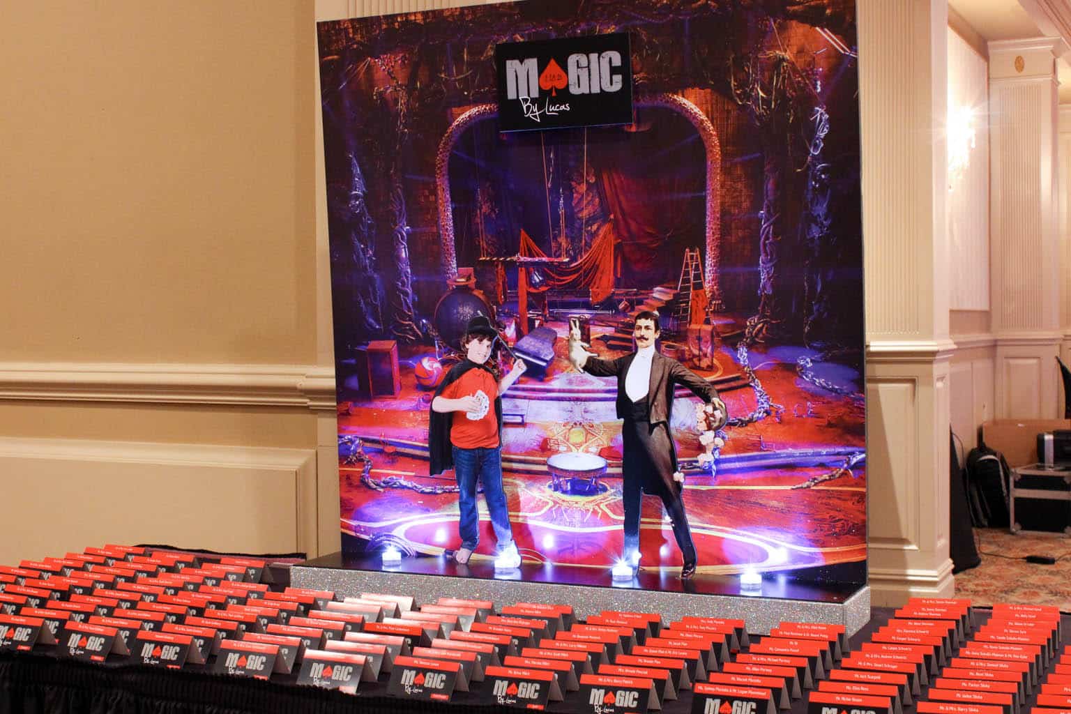 Magic Themed Bar Mitzvah Seating Card Display with Custom Logo Place Cards