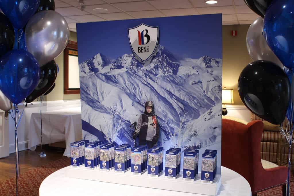 Ski Themed Seating Card Display with Winter Background and Lift Tickets