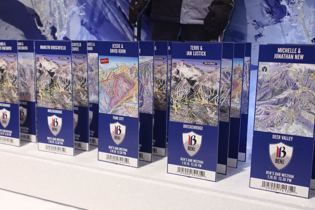 Ski Themed Ticket Place Cards with Trail Maps and Custom Logo