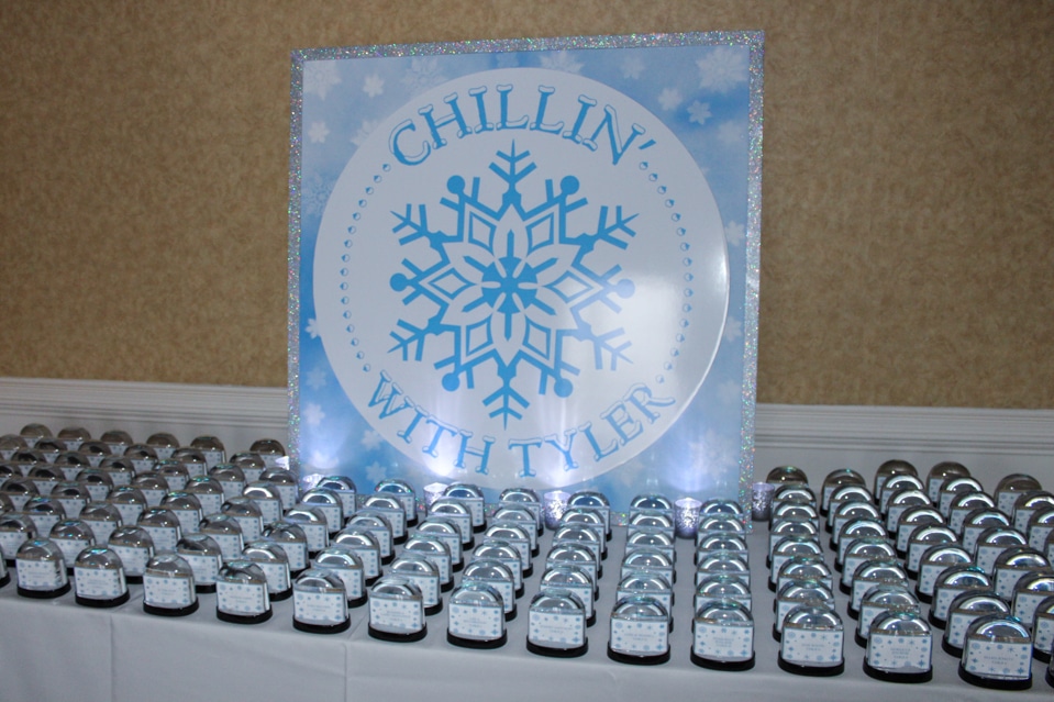Winter Themed Seating Card Display with Custom Logo and Snowflake Design