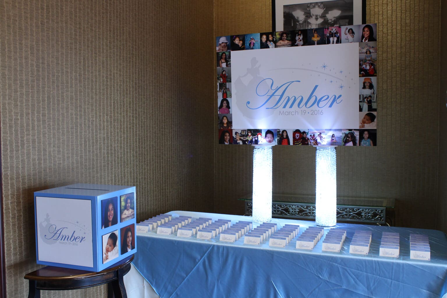 Cinderella Themed Sweet Sixteen Seating Card Display with Custom Logo and Photos