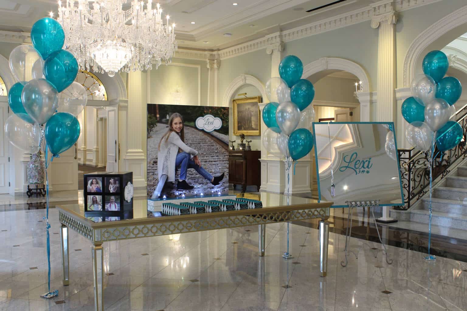 Bat Mitzvah Seating Card Display with Blowup Photo and Logo Place Cards