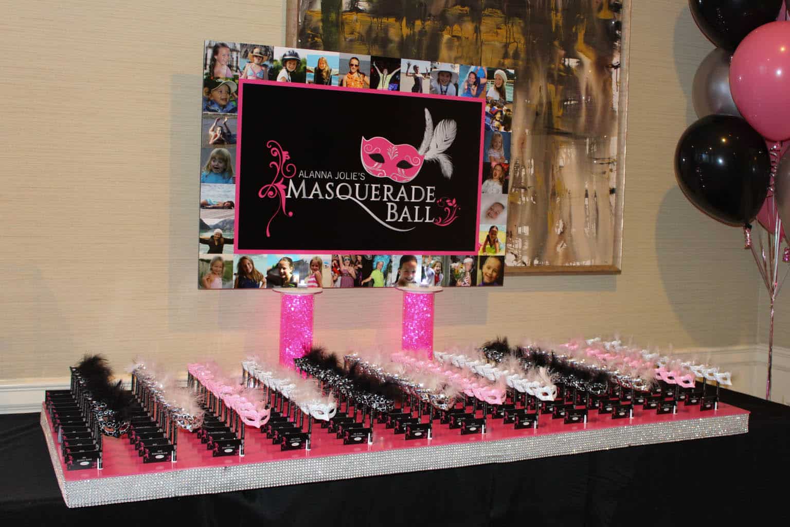 Masquerade Themed Seating Card Display with Custom Logo and Photo Border