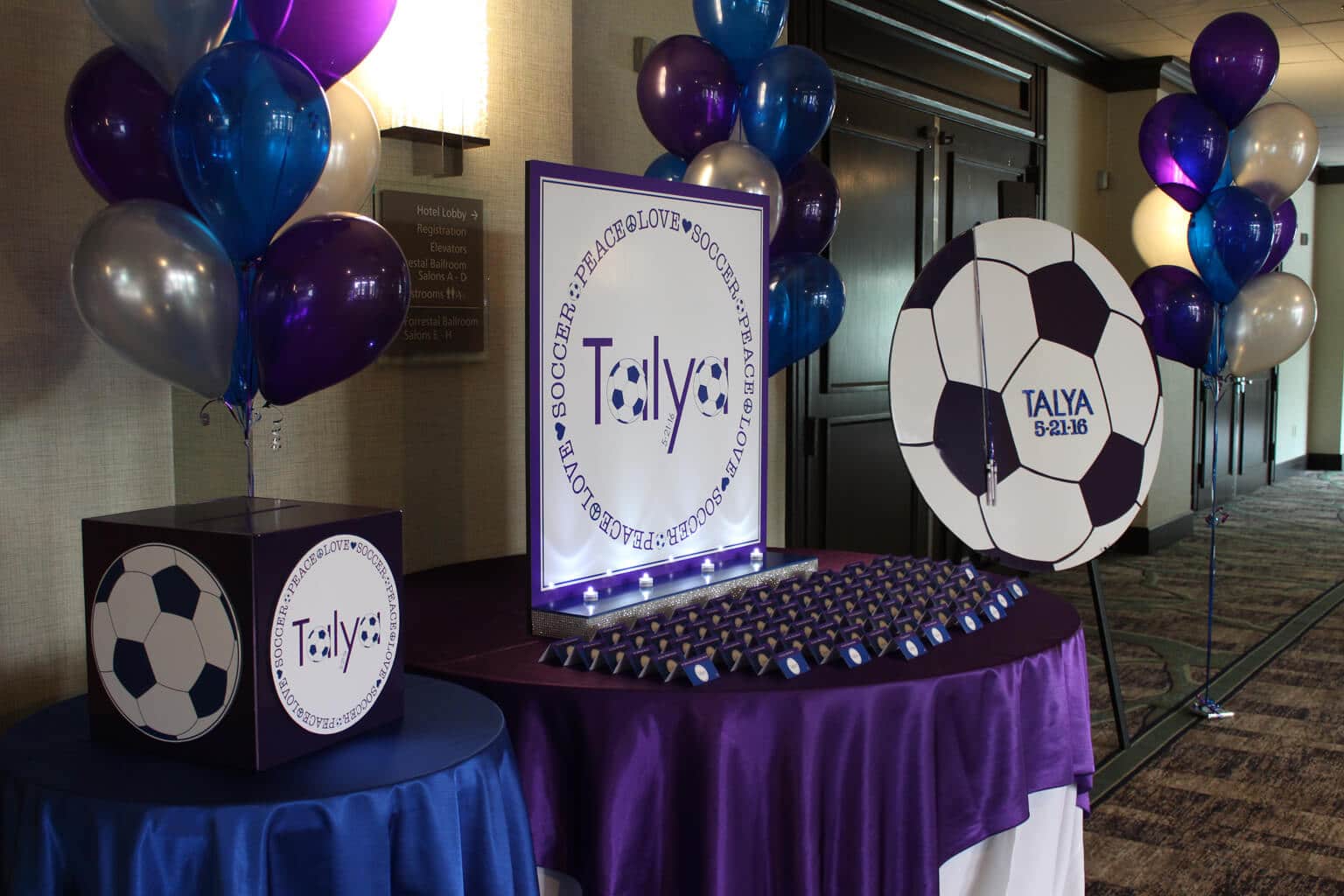 Soccer Themed Bat Mitzvah Seating Card Display with Custom Logo